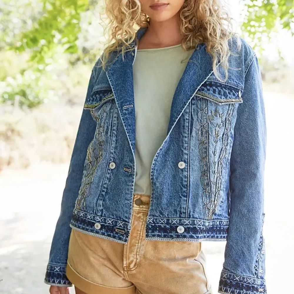 Free People Dance Party Embroidered Beaded Boho Festival Denim Jacket
